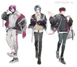  3boys b0rzzz0i backpack bag black_footwear black_hair black_jacket black_pants blue_hair book brown_shirt doppio_dropscythe dress_shirt full_body glasses half_updo hex_haywire hood hoodie jacket long_sleeves male_focus multicolored_hair multiple_boys nijisanji nijisanji_en official_art open_clothes open_jacket pants pink_hair purple_hair sample_watermark shirt streaked_hair sweater_vest torn_clothes torn_pants ver_vermillion white_bag white_hoodie white_pants white_shirt yellow_eyes yellow_sweater_vest 