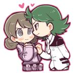  1boy 1girl @_@ arm_behind_back black_eyes blush breasts closed_mouth collared_shirt commentary_request double_bun employee_(lobotomy_corporation) green_hair grey_eyes hair_bun hatake_shimeji heart jacket light_brown_hair lobotomy_corporation long_sleeves lowres necktie no_nose outline pink_jacket pink_outline project_moon shirt short_hair simple_background small_breasts smile sweat white_background white_jacket white_necktie white_shirt 