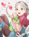  1girl ahoge black_pantyhose blue_eyes blue_flower butterfly_wings capelet clenched_hands fire_emblem fire_emblem_fates fire_emblem_heroes flower flower_bracelet fujoshi green_bracelet hair_flower hair_ornament hairband heart highres nina_(fire_emblem) nina_(resplendent)_(fire_emblem) open_mouth pantyhose pink_capelet sakura_no_yoru sitting solo white_hair wings 