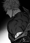  1boy artist_name closed_mouth cuts gojou_satoru gradient_background greyscale injury jacket jujutsu_kaisen kiyoro2 looking_at_viewer male_focus monochrome profile shirt short_hair short_sleeves solo 