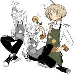  1girl 2023 ahoge apron arms_up blonde_hair blush braid closed_eyes flower green_apron green_eyes hand_on_own_hip hand_up highres holding holding_flower long_hair looking_at_viewer minamip multiple_views o3o open_mouth original single_braid sitting stretching white_background 
