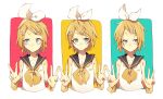  1girl black_sailor_collar blonde_hair blue_eyes bow closed_mouth detached_sleeves double_v hair_bow hair_ornament hairclip kagamine_rin multiple_views neckerchief orange_neckerchief sailor_collar shirt short_hair sleeveless sumoffu treble_clef upper_body v vocaloid white_bow 