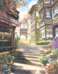  absurdres blue_flower building bush clouds commentary_request cosmos_(flower) day falling_petals flower flower_pot highres hyacinth no_humans orange_flower original outdoors petals pink_flower purple_flower red_flower scenery stairs tomato_(kiiroitomato33) town tree window 