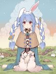  1girl :o animal_ear_fluff animal_ears barefoot blue_cape blue_hair blush bow braid brown_capelet brown_corset cape capelet capri_pants carrot_hair_ornament clouds cloudy_sky commentary_request corset cross-laced_clothes ear_down eighth_note feet field food-themed_hair_ornament full_body gradient_sky grass hair_between_eyes hair_bow hair_ornament highres hololive long_hair long_sleeves looking_at_viewer multicolored_hair musical_note no_shoes nousagi_(usada_pekora) outdoors pants parted_bangs parted_lips plant pom_pom_(clothes) rabbit-shaped_pupils rabbit_ears red_eyes rock short_eyebrows sidelocks sitting sky star_(sky) streaked_hair sunset symbol-shaped_pupils thick_eyebrows toes twilight twin_braids two-tone_hair usada_pekora virtual_youtuber wariza white_bow white_hair white_pants yurai0739 