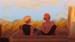  2boys asher_rudd bakugou_katsuki blonde_hair boku_no_hero_academia closed_eyes highres kirishima_eijirou looking_at_another multiple_boys redhead sitting sunset topless_male 