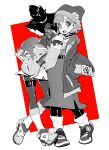  2girls beanie choker clothes_writing coat dark_skin dress full_body greyscale hat highres humanization juno_(omega_strikers) looking_at_viewer luna_(omega_strikers) monochrome multiple_girls official_art omega_strikers shoes sleeves_past_wrists symbol-shaped_pupils wide_sleeves 