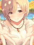  1girl aiba_yumi blonde_hair blurry blurry_background blush breasts brown_eyes closed_mouth collarbone dot_nose idolmaster idolmaster_cinderella_girls idolmaster_cinderella_girls_starlight_stage jewelry long_sleeves looking_at_viewer medium_breasts necklace open_hands reaching reaching_towards_viewer shirt short_hair smile solo toho_(kihon_ha_yappa) upper_body white_shirt 