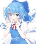  1girl ahoge blue_bow blue_eyes blue_hair bow cirno commentary dated detached_wings hair_bow highres ice ice_wings looking_at_viewer open_mouth shiisaa3 short_sleeves simple_background solo touhou upper_body white_background wings 