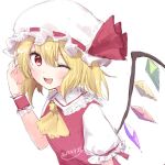  1girl :d ascot blonde_hair commentary_request crystal fang flandre_scarlet flat_chest frilled_shirt_collar frills hand_up hat highres looking_at_viewer medium_hair mob_cap one_side_up open_mouth red_eyes red_vest shiisaa3 simple_background smile solo touhou upper_body vest white_background wings wrist_cuffs yellow_ascot 