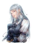  1girl 2023 arm_belt artist_name belt belt_buckle black_gloves black_vest blue_belt blue_eyes blue_ribbon braid breasts buckle chromatic_aberration colored_eyelashes dated doro_(sabarudoro) eyelashes final_fantasy final_fantasy_xvi gloves grey_hair hand_on_own_chest hand_up high_collar jill_warrick lips long_hair medium_breasts neck_ribbon nose parted_lips pink_lips ribbon side_braid signature simple_background solo swept_bangs upper_body very_long_hair vest white_background 