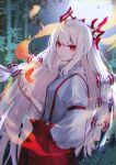  1girl arm_strap bamboo bamboo_forest bow collared_shirt commentary_request cowboy_shot fire forest fujiwara_no_mokou hair_bow hand_up highres long_hair long_sleeves looking_at_viewer murumuru_(pixiv51689952) nature night outdoors pants parted_lips red_bow red_eyes red_pants shirt solo suspenders touhou very_long_hair white_bow white_shirt 