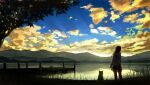  1girl bird blue_sky clouds commentary_request dog facing_away flock from_behind gensuke_(ryun) grass highres lake landscape leaf light_rays mountainous_horizon original outdoors pet_walking scenery sky solo standing sunbeam sunlight sunset tree water yellow_clouds 