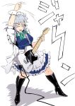  1girl black_footwear braid commentary full_body grey_hair high_heels highres holding holding_instrument instrument izayoi_sakuya maid music playing_instrument sakamoto_fred short_sleeves side_braids simple_background solo touhou twin_braids white_background wrist_cuffs 