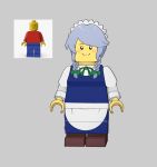  1girl braid closed_mouth commentary english_commentary full_body grey_background grey_hair highres izayoi_sakuya lego lego_minifig looking_at_viewer maid maid_headdress reference_inset side_braids simple_background smile solo touhou twin_braids umisaki 