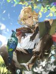  1boy absurdres ahoge animal bird bird_on_leg black_gloves blonde_hair blue_sky brown_eyes brown_pants clouds commentary day drawing elbow_gloves falling_petals feather_hair_ornament feathers fingerless_gloves flower foot_out_of_frame genshin_impact gloves grass hair_between_eyes hair_ornament highres holding holding_pen holding_sketchbook kaveh_(genshin_impact) leaf long_sleeves looking_at_animal male_focus medium_hair niwaka_(niwaka_byakko) on_grass outdoors pants pen petals puffy_long_sleeves puffy_sleeves shirt shoes sitting sketchbook sky smile solo toucan tree white_flower white_footwear white_shirt wind 