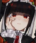  1girl black_nails blunt_bangs celestia_ludenberg closed_mouth collared_shirt danganronpa:_trigger_happy_havoc danganronpa_(series) drill_hair frilled_jacket frills hand_on_own_cheek hand_on_own_face headdress highres jacket long_hair long_sleeves nail_polish necktie portrait red_eyes red_necktie ribbon shirt solo tenji_osuosu white_ribbon white_shirt 