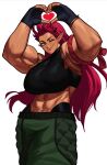  abs absurdres ali_(sotcho) black_horns breasts buckle crop_top dark-skinned_female dark_skin dragon_girl earrings fingerless_gloves gloves green_pants heart heart_hands highres horns huge_breasts jewelry long_hair looking_at_viewer muscular muscular_female one_eye_closed pants pointy_ears redhead slit_pupils smile sotcho tall_female tongue tongue_out yellow_eyes 