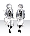  2boys absurdres aged_down akademiya_uniform alhaitham_(genshin_impact) amata_(amaxtamax) book book_on_lap crossed_ankles dress facing_viewer genshin_impact grey_background greyscale hair_between_eyes hair_over_one_eye hand_up hat highres jacket kaveh_(genshin_impact) leggings long_hair looking_at_another male_focus monochrome multiple_boys one_eye_covered open_book parted_bangs shoes short_hair side-by-side simple_background sitting swept_bangs white_background 