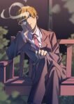  1boy absurdres bench brown_hair brown_jacket brown_pants cigarette crossed_legs formal highres jacket male_focus mob_psycho_100 necktie pants pink_necktie reigen_arataka short_hair smoking solo suit yu_eutopia 