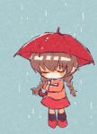  1girl aqua_background black_socks blue_background blush braid brown_hair closed_eyes commentary hands_up highres holding holding_umbrella long_hair long_sleeves no_mouth no_nose pink_shirt rain red_footwear red_skirt red_umbrella shirt shoes skirt socks solo standing takasankuro twin_braids twintails umbrella water_drop yume_nikki 