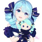  1girl :d bare_shoulders black_bow black_gloves black_sleeves bow breasts character_doll detached_sleeves doll doll_hug dress drill_hair gloves green_eyes green_hair gwen_(league_of_legends) hair_bow highres holding holding_doll league_of_legends long_hair object_hug ra_busan smile solo twin_drills twintails 