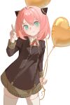  1girl anya_(spy_x_family) balloon blue_eyes blush collared_shirt cross_tie double_bun eden_academy_school_uniform female_child full_body gold_trim hair_bun hairpods heart_balloon highres holding holding_balloon long_sleeves medium_hair pink_hair qiu_xiong_ji_e school_uniform shirt shirt_under_dress simple_background solo spy_x_family thigh-highs v white_background white_shirt white_thighhighs 