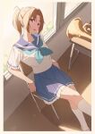  1girl backlighting blue_neckerchief blue_skirt chair crossed_legs desk euphonium head_tilt hibike!_euphonium highres instrument kitauji_high_school_uniform matarasu_(aaaaaaaaj) nakagawa_natsuki neckerchief on_chair open_mouth open_window orange_hair parted_bangs pleated_skirt ponytail sailor_collar school_desk school_uniform serafuku short_sleeves sitting skirt solo violet_eyes window 