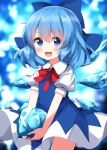  1girl :d blue_background blue_bow blue_dress blue_eyes blue_hair blush bow bowtie cirno contrapposto cowboy_shot dress hair_bow highres holding ice ice_wings one-hour_drawing_challenge open_mouth pinafore_dress puffy_short_sleeves puffy_sleeves red_bow red_bowtie ruu_(tksymkw) short_sleeves sleeveless sleeveless_dress smile solo touhou wing_collar wings 