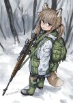  1girl animal_ears backpack bag brown_eyes camouflage camouflage_jacket forest gloves gun highres jacket looking_at_viewer messenger_bag nature original ponytail rifle shoulder_bag sniper_rifle snow solo tail weapon winter_clothes yihan_world 