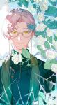  1boy chinese_clothes closed_mouth commentary flower glasses hanfu highres looking_at_viewer male_focus mole mole_under_eye outdoors short_hair smile solo symbol-only_commentary tears_of_themis tubayran upper_body vyn_richter_(tears_of_themis) white_flower white_hair yellow_eyes 