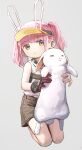  1girl animal animal_ears character_request closed_mouth expressionless fake_animal_ears female_child girls&#039;_frontline_neural_cloud gloves green_eyes grey_background highres holding holding_animal holding_rabbit looking_at_viewer pink_hair rabbit seiza shirt short_twintails shorts simple_background sitting sleeveless sleeveless_shirt soeyumi solo twintails visor_cap white_shirt 