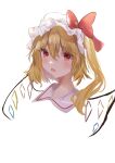  1girl :d blonde_hair bow commentary_request cropped_shoulders crystal fang flandre_scarlet hair_between_eyes hat hat_bow highres long_hair looking_at_viewer mob_cap one_side_up open_mouth red_bow short_hair simple_background skin_fang smile solo touhou tsukishiro white_background wings 