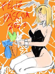  bunny_tail bunnysuit eletro1toaster kneeling kneeling_down looking_at_viewer rabbit rabbit_ears sweating tagme thigh-highs 