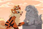  animal_focus arcanine arm_up black_eyes claws commentary fangs growlithe highres huiro komainu no_humans open_mouth orange_fur orange_sky pokemon pokemon_(creature) sharp_teeth sitting sky statue striped_fur symbol-only_commentary teeth 