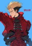  1boy black_hair blonde_hair blue_background blue_eyes earrings highres jacket jewelry male_focus mole mole_under_eye multicolored_hair natsushio_(x2i2a) parted_lips red_jacket short_hair simple_background single_earring solo spiky_hair trigun twitter_username two-tone_hair vash_the_stampede 