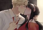  1boy 1girl bare_shoulders black_hair blonde_hair blush breasts earrings eye_contact french_kiss gold_earrings hair_ornament hairband height_difference hetero highres husband_and_wife jewelry kiss long_hair looking_at_another red_sweater short_hair sidelocks spy_x_family sweater twilight_(spy_x_family) two-sided_fabric udonoharu white_hairband yor_briar 