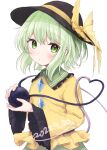  1girl black_headwear bow closed_mouth commentary dated hat hat_bow heart heart_of_string highres komeiji_koishi long_sleeves looking_at_viewer shiisaa3 shirt simple_background solo third_eye touhou upper_body white_background yellow_bow yellow_shirt 