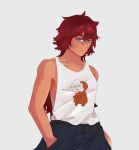  absurdres biceps blue_eyes blue_pants curly_hair facial_mark gundam gundam_suisei_no_majo hands_in_pockets highres long_hair muscular muscular_female pants redhead shirt suletta_mercury tan tank_top thick_arms white_shirt 