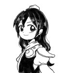  1girl armor breasts commentary_request from_side greyscale hat iizunamaru_megumu long_hair looking_at_viewer monochrome pauldrons rome35793562 shoulder_armor simple_background single_pauldron small_breasts smile solo tokin_hat touhou upper_body waistcoat white_background 