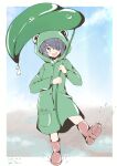  1girl aged_down animal_hood boots eyepatch frog_raincoat full_body giant_leaf green_raincoat highres holding holding_leaf hood kantai_collection leaf leaf_umbrella looking_at_viewer open_mouth oversized_object panties pantyshot purple_hair red_footwear rubber_boots short_hair skirt smile taira_yuuki tenryuu_(kancolle) teruterubouzu underwear yellow_eyes 