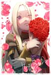  1girl aduti_momoyama bouquet bow cape closed_mouth edelgard_von_hresvelg eyes_visible_through_hair falling_petals fire_emblem fire_emblem:_three_houses flower garreg_mach_monastery_uniform gloves hair_intakes hair_ribbon happy_birthday highres holding holding_bouquet juliet_sleeves lips long_hair long_sleeves looking_at_viewer one_eye_closed petals pink_lips puffy_sleeves purple_bow purple_ribbon red_cape red_flower red_rose ribbon rose simple_background solo violet_eyes white_background white_gloves white_hair 