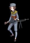 1girl absurdres bag black_background black_footwear brown_hair chinese_commentary closed_mouth full_body green_bag grey_headwear grey_jacket grey_pants gun highres holding holding_gun holding_weapon jacket kuomintang long_sleeves looking_at_viewer military_uniform original pants patrol_cap pouch puttee short_hair_with_long_locks shoulder_bag simple_background solo tuziki_sang uniform weapon yellow_eyes zb_vz.26