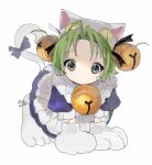  1girl all_fours animal_hands animal_hat apron bell blue_bow blue_dress bow cat_hat closed_mouth dejiko di_gi_charat dress gloves green_eyes green_hair hair_bell hair_ornament hat jingle_bell maid_apron paw_gloves paw_shoes shikaiq short_hair solo tail tail_bow tail_ornament white_background 