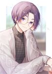  1boy black_shirt blue_lock cardigan closed_mouth cup glasses grey_cardigan guribato highres jewelry long_sleeves looking_at_viewer male_focus mikage_reo necklace purple_hair round_eyewear shirt short_eyebrows short_hair sleeves_past_wrists smile solo table upper_body violet_eyes 
