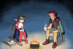  1boy 1girl admire_vega_(umamusume) animal_ears ankle_socks arm_on_knee asticassia_school_uniform bow brown_eyes brown_hair camping_chair commentary_request crossover cup ear_covers ears_down fire green_shorts guel_jeturk gundam gundam_suisei_no_majo guutara_(mutr5724) hair_bow holding holding_cup horse_ears horse_girl horse_tail jacket jacket_on_shoulders jitome knees_together_feet_apart long_hair long_sleeves low_ponytail medium_hair mug night no_mouth outdoors pink_hair red_footwear red_track_suit school_uniform shoes shorts single_ear_cover sitting sneakers socks steam tail umamusume very_long_hair white_bow 