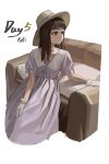 1girl absurdres artist_name brown_eyes brown_hair closed_mouth couch cropped_legs dress gloves hat highres kofi-mo long_dress long_hair looking_to_the_side original purple_dress short_sleeves signature solo sun_hat white_background white_gloves 