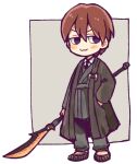  1boy :3 black_eyes brown_coat brown_footwear closed_mouth coat collared_shirt commentary_request employee_(lobotomy_corporation) eyebrows_hidden_by_hair full_body grey_pants hand_in_pocket hatake_shimeji holding holding_polearm holding_weapon lobotomy_corporation long_sleeves lowres male_focus open_clothes open_coat pants polearm project_moon shirt short_hair sketch solo translation_request v-shaped_eyebrows weapon white_shirt 