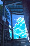  animal_focus bird black_cat blue_sky building cat clouds cloudy_sky commentary cumulonimbus_cloud day from_behind gensuke_(ryun) highres no_humans original outdoors scenery shadow sky stairs summer sunlight translated tree 