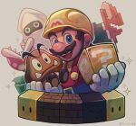 1boy :d ?_block artist_name block_(mario) block_(object) blooper_(mario) blue_eyes brown_hair builder_mario buttons closed_mouth co_co_mg commentary_request facial_hair gloves goomba grey_background hands_up hardhat hat helmet holding koopa_troopa looking_at_viewer mario mustache open_mouth overalls piranha_plant red_overalls rotating_block sharp_teeth shirt short_hair simple_background smile sparkle super_mario_bros. super_mario_maker teeth tusks twitter_username upper_teeth_only v-shaped_eyebrows white_gloves yellow_headwear yellow_shirt 