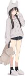  1girl ama_mitsuki animal_ears animal_hood animal_slippers black_eyes black_hair black_shorts black_socks blush cat_hood cat_slippers closed_mouth dolphin_shorts drawstring fake_animal_ears full_body grey_hoodie highres holding holding_stuffed_toy hood hood_up hoodie long_hair long_sleeves one_eye_closed original pajamas rubbing_eyes shorts simple_background sleepy sleeves_past_wrists slippers socks solo standing stuffed_animal stuffed_toy teddy_bear white_background 